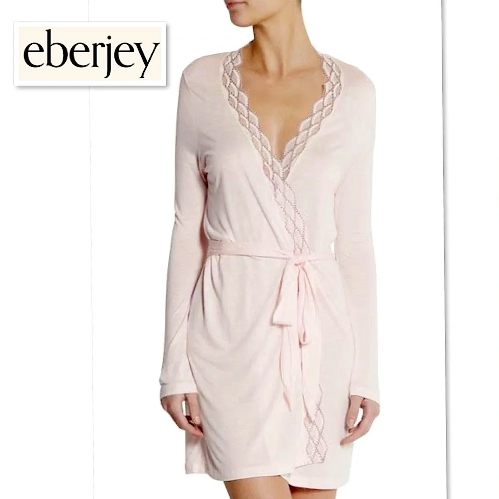 NWT EBERJEY Mabel Wrap Front Jersey Robe with Wide Lace Trim Pink Peach L Large - Picture 2 of 15